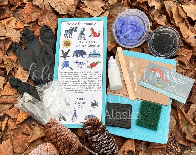 May include: A mosaic kit with instructions, a small bottle of glue, a wooden stick, a sponge, a black foam pad, and a business card for Lola Bug Creations. The kit includes a variety of colorful mosaic tiles and a design for a mosaic ornament.
