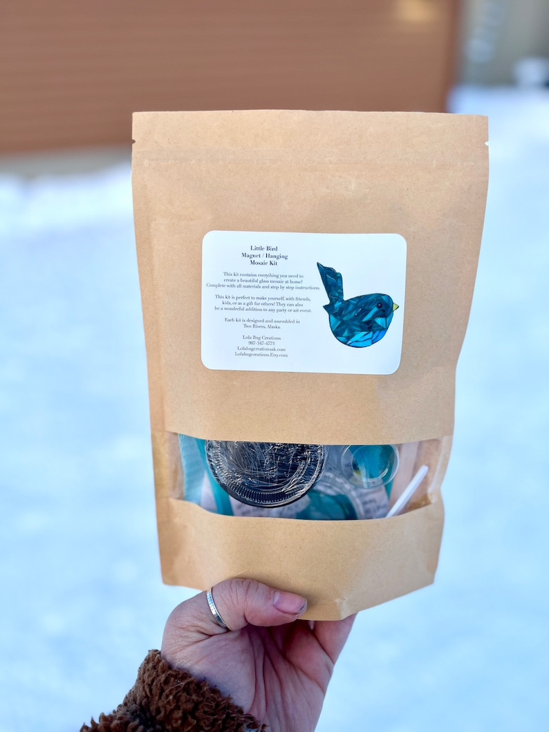 May include: A brown paper bag with a clear window showing a mosaic kit for a hanging bird. The kit includes glass tiles, a wooden base, and instructions. The label on the bag reads "Little Bird Magnet/Hanging Mosaic Kit".