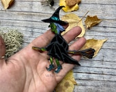 Witch with a broom stick Halloween  glass mosaic