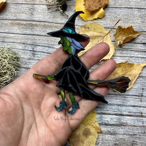 Witch with a broom stick Halloween  glass mosaic