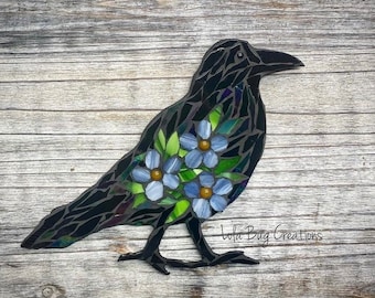 Standing Raven with Forget-me-nots glass Mosaic