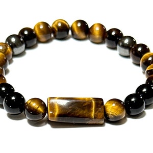Triple Protection Bracelet | Healing Stretch Bracelet | Black Obsidian Hematite Tigers Eye Beaded Bracelet | Gifts for Men and Women