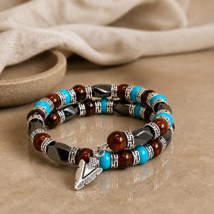 Tigeröga-armband med minnestråd, turkos armband för män, hematitpärlarmband, pilspetsberlock, present till honom
