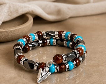 Tiger's Eye Memory Wire Bracelet, Men's Turquoise Wrap Bracelet, Hematite Beaded Bracelet, Arrowhead Charm, Gift for Him