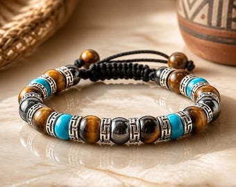 Braided Yellow Tigers Eye Hematite Adjustable Bracelet | Southwestern Style Jewelry | Macrame Bracelet for Men Women