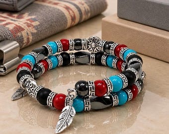 Turquoise Bangle Bracelet, Southwestern Bracelet, Feather Jewelry, Rustic Gifts, Memory Wire Bracelet