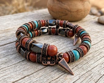 Men's Beaded Bracelet, Rustic Gifts, Ethnic Bracelet, Red Jasper