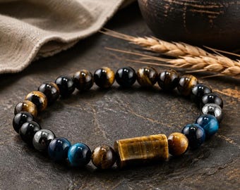 Triple Protection Bracelet | Black Onyx Hematite Tigers Eye Beaded Bracelet | Healing Stretch Bracelet for Men Women