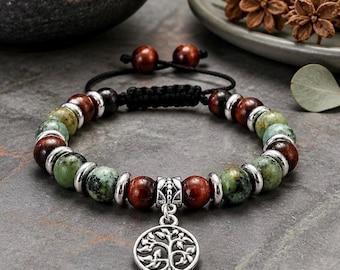 African Turquoise & Red Tiger Eye Bracelet | Tree of Life Gemstone Bracelet | Adjustable Unisex Bracelet