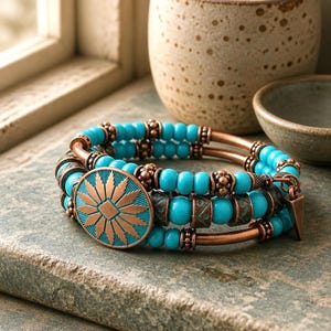 May include: A multi-strand wrap bracelet featuring bright turquoise blue beads interspersed with copper-toned metal spacers and cylindrical tubes. A large, round copper-colored medallion with a sunburst pattern sits at the center of the design.