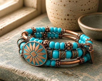 Southwestern Turquoise Bracelet, Copper Memory Wire Wrap Bracelet, Boho Western Jewelry Gift