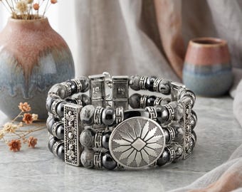 Black and Silver Bracelet, Beaded Cuff Bracelet, Jewelry Gift Ideas