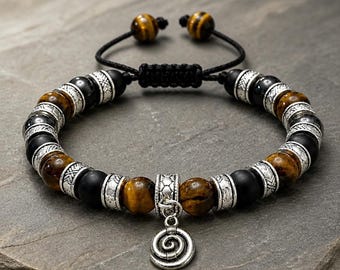 Adjustable Mens Bracelet, Yellow Tigers Eye Hematite Black Onyx, Macrame Bracelet, Southwestern Jewelry