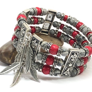 Perlen Manschetten-Armband für Männer Frauen, Rot und Grau Schmuck, Geschenk-Ideen für Ihn Her