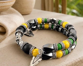 Men's Beaded Bracelet, Jamaican Jewelry, Lion Head Bracelet