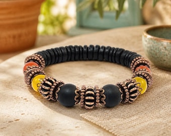 Autumn Jewelry, Beaded Stretch Bracelet, Stretch Bracelet for Men Women, Coconut Wood, Jade, Red Jasper, Unique Gifts