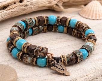 Men’s Turquoise Memory Wire Bangle Bracelet, Rustic Boho Bracelet for Him, Arrowhead Bracelet