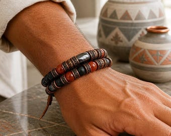 Red Jasper Bracelet, Men’s Beaded Bracelet, Black Onyx Jewelry, Women’s Bead Bracelet