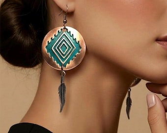 Copper Turquoise Feather Dangle Earrings, Boho Aztec Statement Earrings