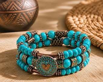 Turquoise and Copper Bracelet, Southwestern Boho Bracelet, Turquoise Howlite Memory Wire Bracelet, Unisex Handmade Jewelry
