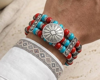 Southwestern Turquoise Style Cuff Bracelet, Red and Blue Beaded Bracelet for Men or Women, Boho Tribal Americana Jewelry