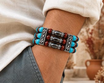 Handmade Native American Beaded Cuff Bracelet | Turquoise Howlite, Red Tiger’s Eye, Hematite | Southwest Healing Jewelry