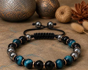 Triple Protection Bracelet, Blue Tigers Eye Black Onyx Hematite Bracelet, Adjustable Braided Unisex Protection Bracelet, Gift for Him
