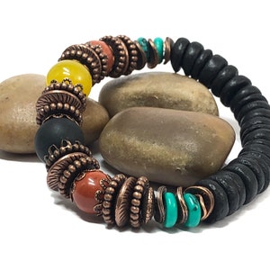 Men&#39;s Stretch Bracelet, Autumn Bracelet, Jamaican Inspired Jewelry, Red Jasper, Coconut Wood