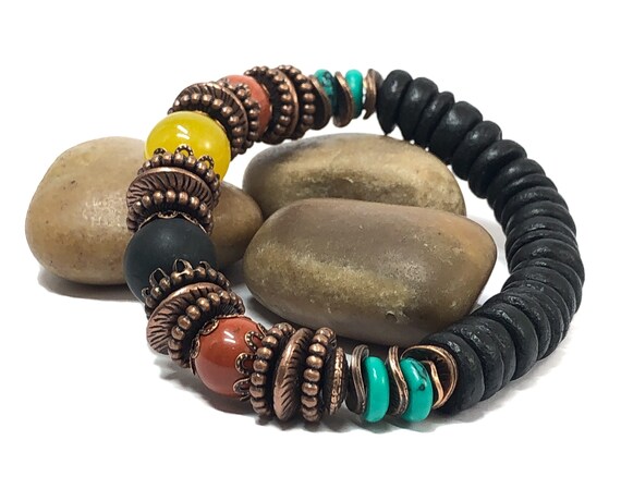 Men's Stretch Bracelet, Autumn Bracelet, Jamaican Inspired Jewelry, Red Jasper, Coconut Wood