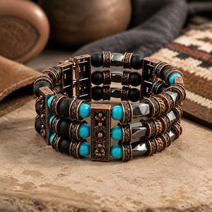 May include: A multi-strand bracelet featuring three rows of beads in matte black, polished metallic gray, and bright turquoise. The beads are separated by ornate, rectangular copper-toned metal spacers with intricate embossed patterns.