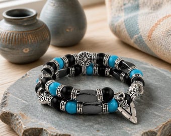 Men’s Turquoise Memory Wire Bracelet, Southwestern Bracelet, Hematite and Black Onyx Bracelet