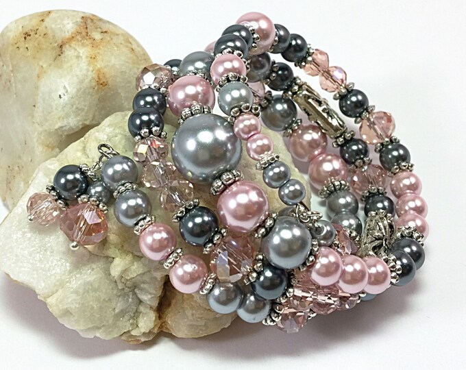 Pink Wrap Bracelet Memory Wire Bracelet Pearl Cuff Bracelet Etsy