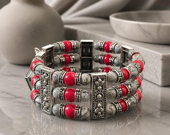 Beaded Cuff Bracelet for Men Women, Red and Gray Jewelry, Gift Ideas for Him Her