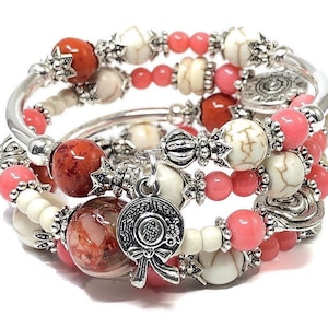 Pink Coral Bracelet, Mother’s Day Gift for Her, Memory Wire Bracelet, Gemstone Bracelet