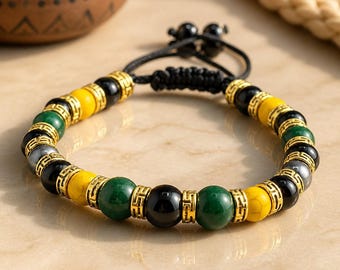 Pulsera ajustable con la bandera de Jamaica, pulsera con cuentas de ónix negro y ojo de tigre