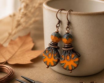 Autumn Earrings, Boho Earrings, Bohemian Earrings, Boho Dangle Earrings, Fall Jewelry, Bohemian Jewelry, Copper Earrings