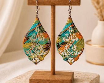 Hand Painted Filigree Dangle Earrings, Boho Artisan Drop Earrings, Multicolor Statement Earrings, Gift for Her