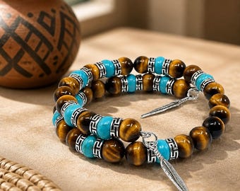 Turquoise Bracelet, Memory Wire Bracelet, Southwestern Bracelet, Father's Day Gift, Tigers Eye