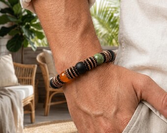 Autumn Jewelry, Gift for Men Women, Beaded Stretch Bracelet, Fall Jewelry, Carnelian, Men's Bracelet, Black Onyx