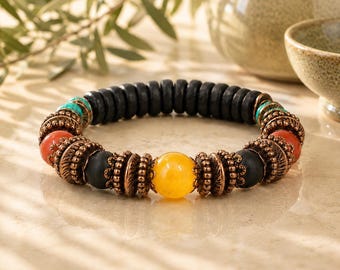 Stretcharmband heren, herfstarmband, Jamaicaans geïnspireerde sieraden, rode jaspis, kokoshout