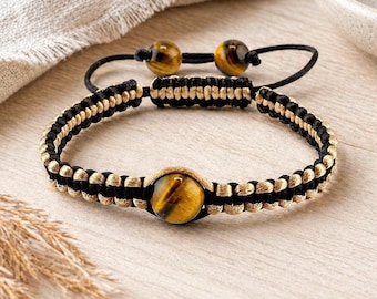 Tiger’s Eye Braided Bracelet, Adjustable Macrame Bracelet, Shamballa Style Bracelet, Unisex Bracelet for Men Women
