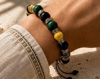 Adjustable Jamaican Flag Bracelet, Black Onyx and Tiger Eye Beaded Bracelet