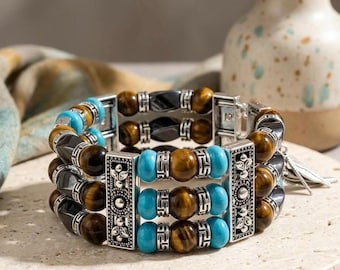Native Jewelry, Beaded Cuff Bracelet for Men Women, Turquoise Bracelet, Yellow Tiger Eye