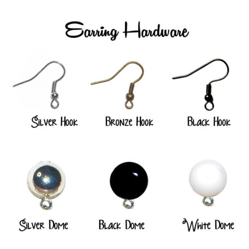 Peut inclure: Options de mat&eacute;riel pour boucles d'oreilles&nbsp;: crochets argent&eacute;s, bronze et noirs, et dos de boucles d'oreilles en forme de d&ocirc;me argent&eacute;s, noirs et blancs.