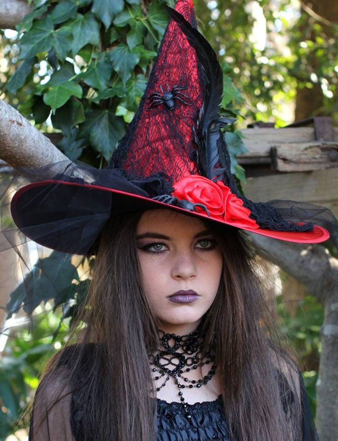 Handmade Red Gothic Witch Hat - Halloween Costume, Fabric 