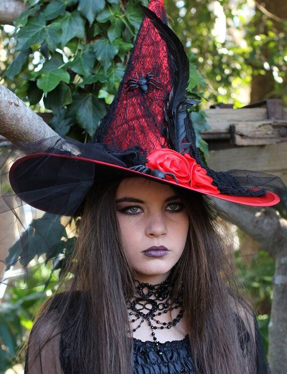 Handmade Red Gothic Witch Hat - Halloween Costume, Fabric  display picture 2