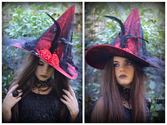 Handmade Red Gothic Witch Hat - Halloween Costume, Fabric  display picture 3