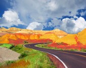Photo print, Badlands, South Dakota, National Park, wilderness, Native American, clouds, blue sky, yellow, nature, landscape