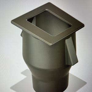 May include: A grey metal funnel with a square opening at the top and a round opening at the bottom. The funnel has a lip around the top opening and a slight curve at the bottom.