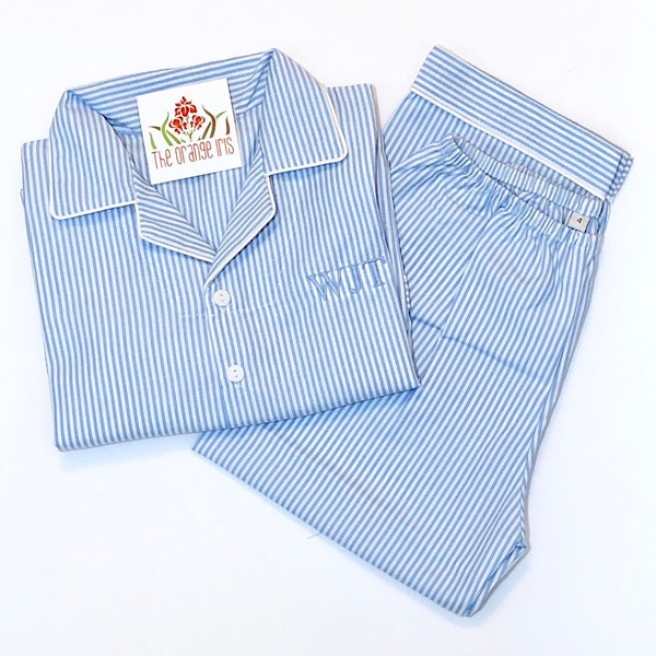 Boys monogram pajama, personalize pajamas, boy pajama set, monogrammed lounge set- old man PJs monogram- white and blue striped pajama set